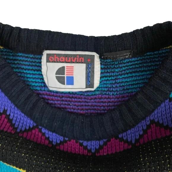 Vintage 90’s Chauvin Geometric Retro Turquoise Knit Sweater - Picture 7 of 8